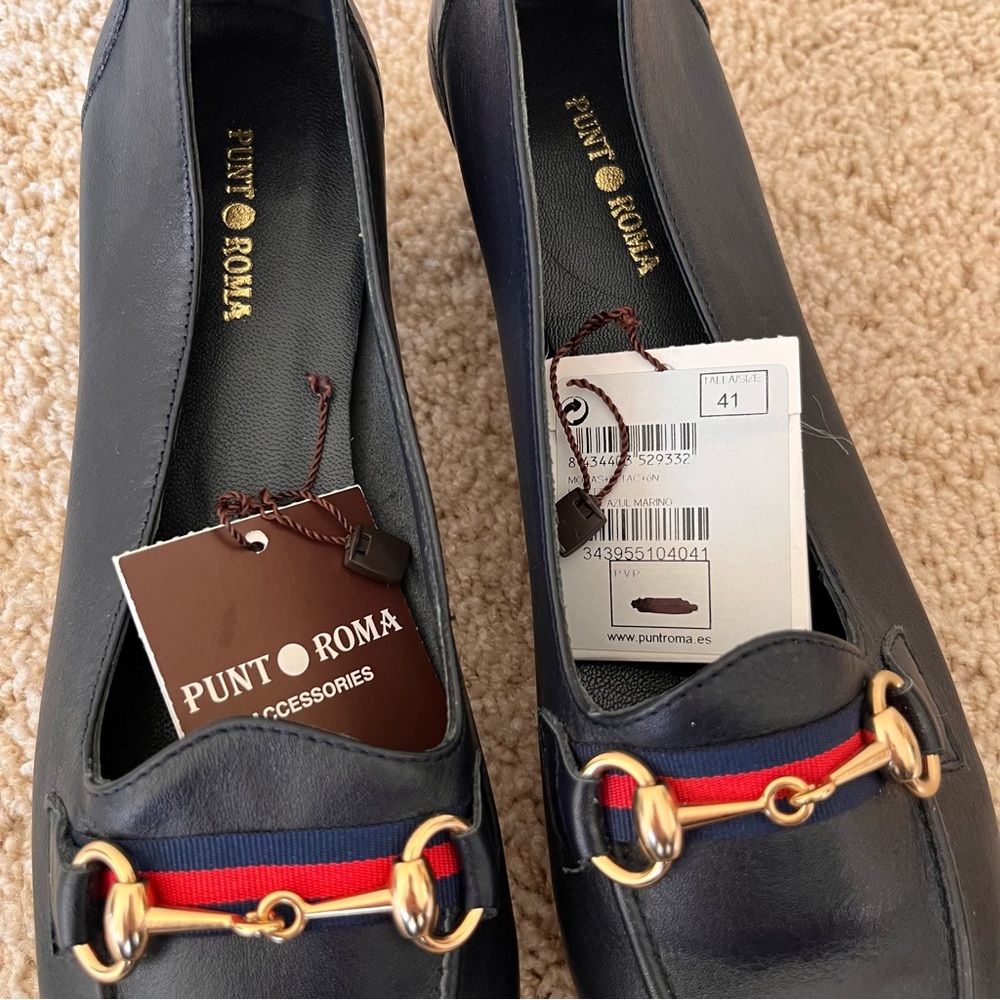 Punt Roma Heeled Loafers Size 41 Leather Navy Blue Preppy Classic Academia NWOB - Picture 8 of 10